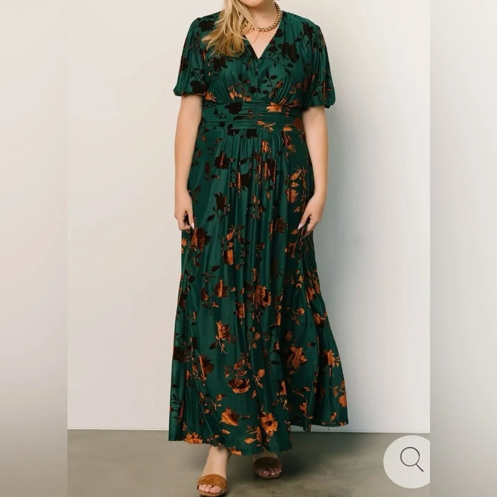Baltic Born Leslie Velvet Maxi Dress in the Bronze + Jade color variant. - Picture 1 of 6